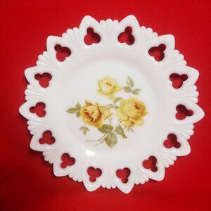 Vintage Milk Glass Yellow Roses Decorative Plate
